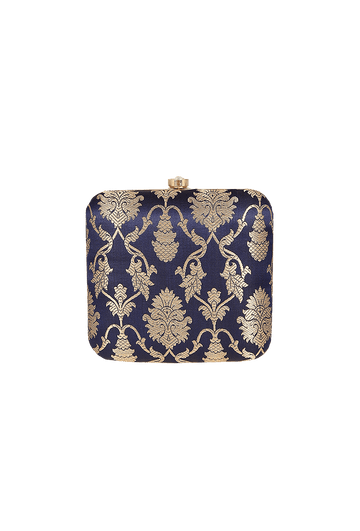 Sapphire Blue Brocade Box Clutch with Sling (6.5 X 2 X 6)